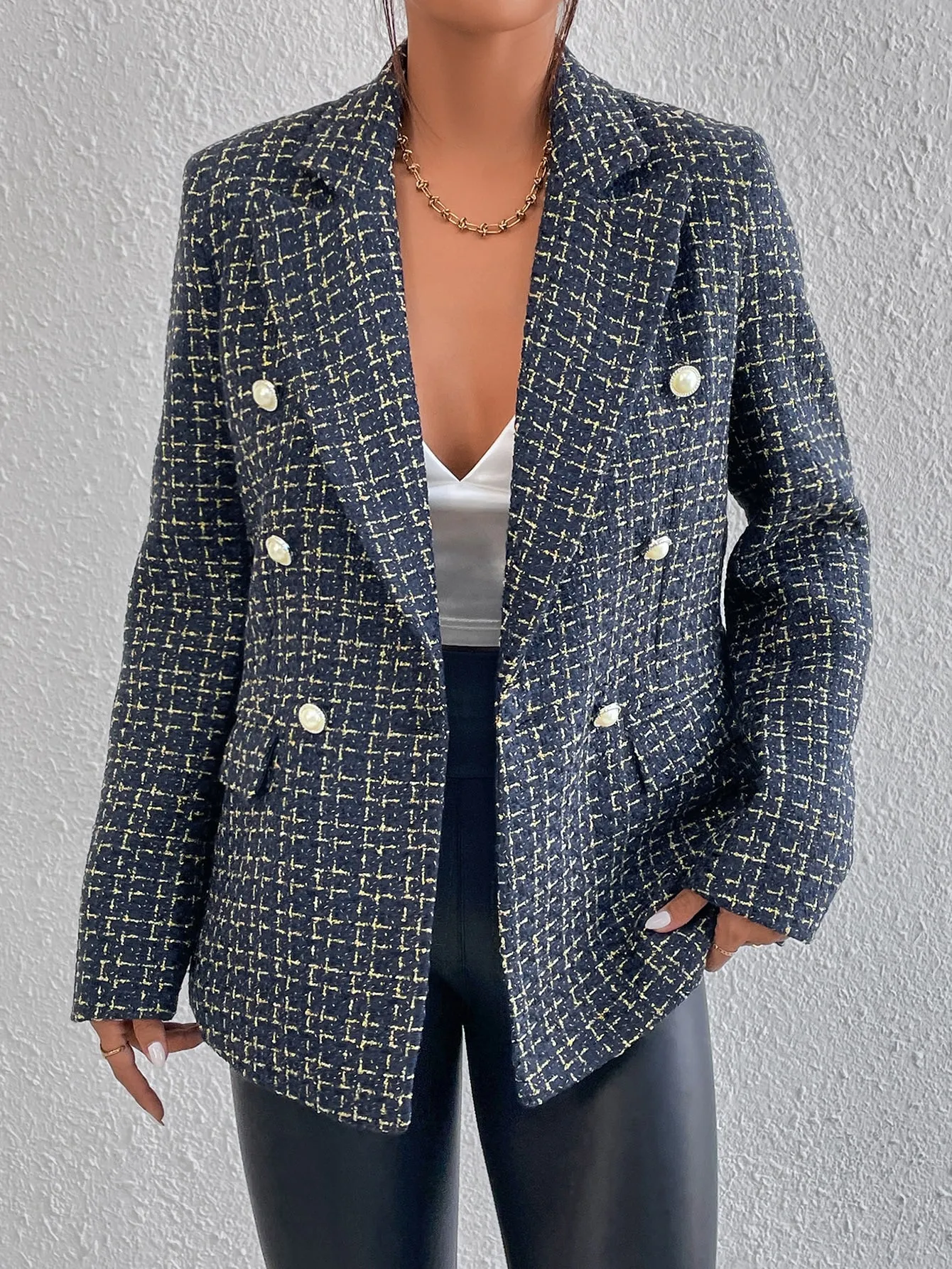 Plaid Print Double Breasted Blazer Workwear