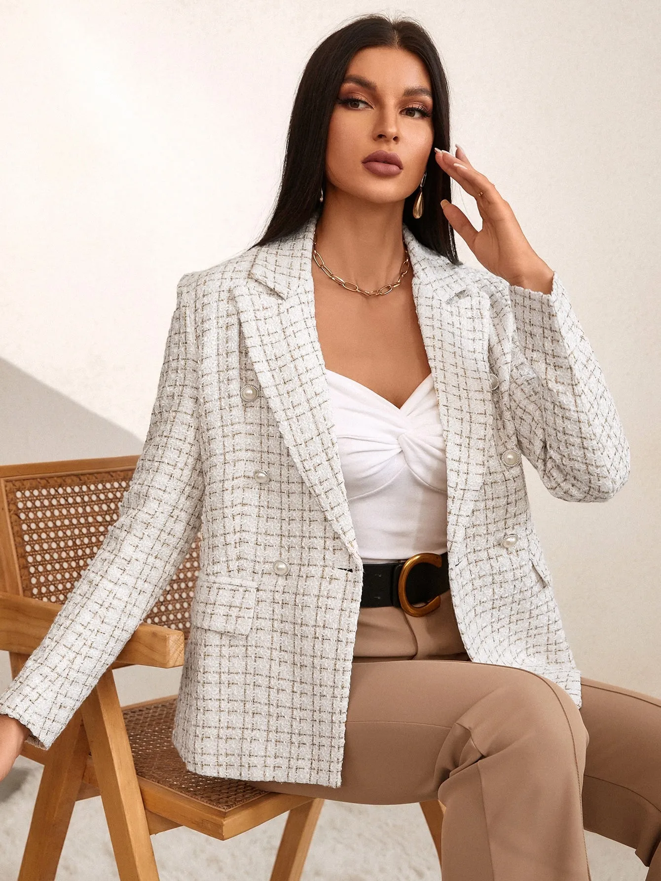 Plaid Print Double Breasted Blazer Workwear