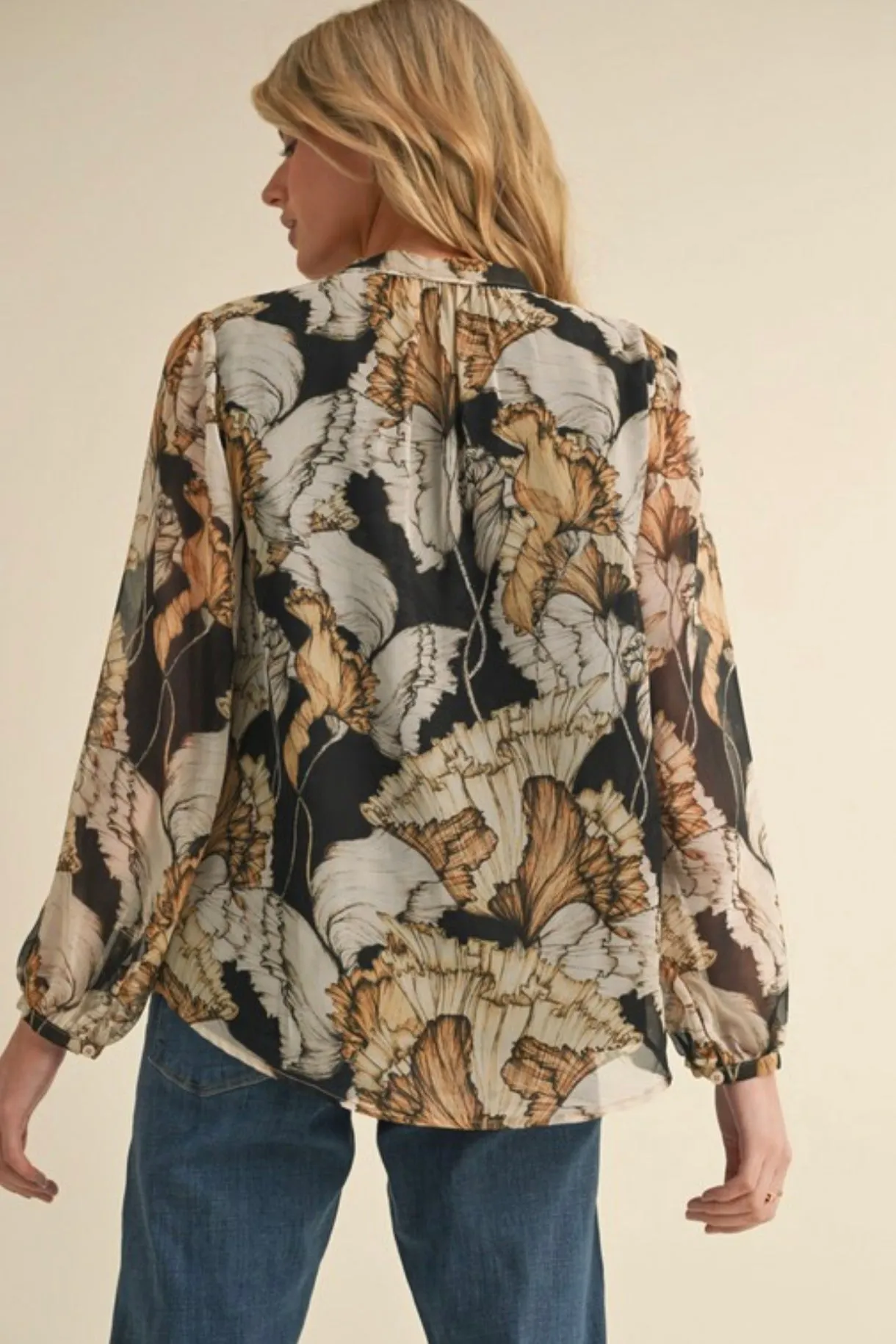 Printed Chiffon Peasant Sleeve Blouse