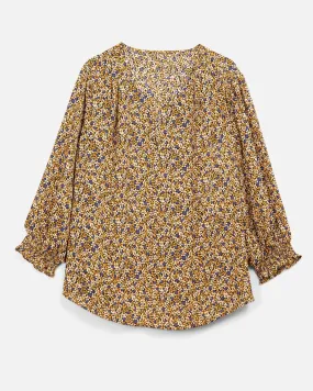 Priscilla Printed Peasant Blouse | Gold / Navy