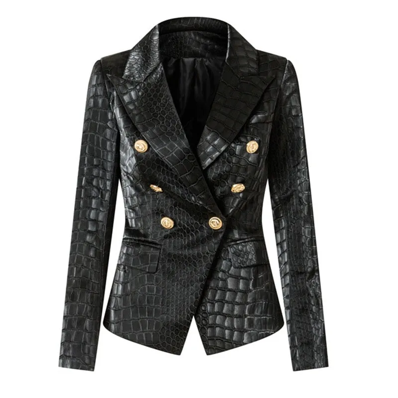 PU Crocodile Pattern Double Breasted Blazer