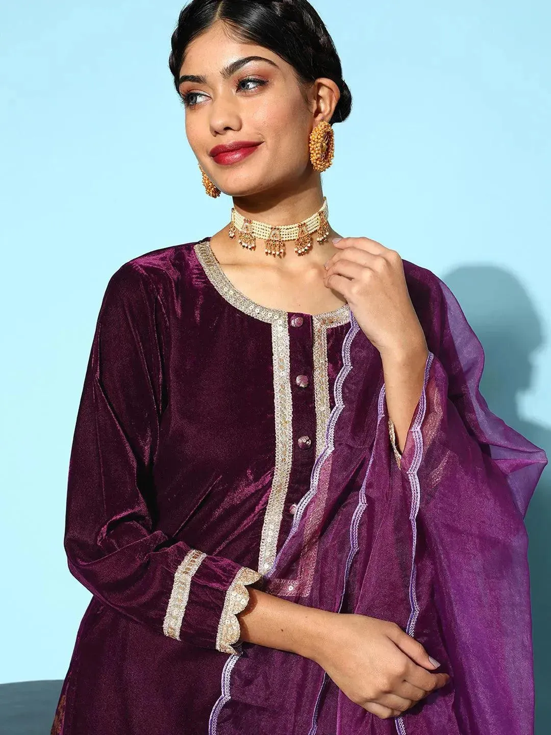 Purple Yoke Design Velvet Straight Kurta With Skirt & Dupatta