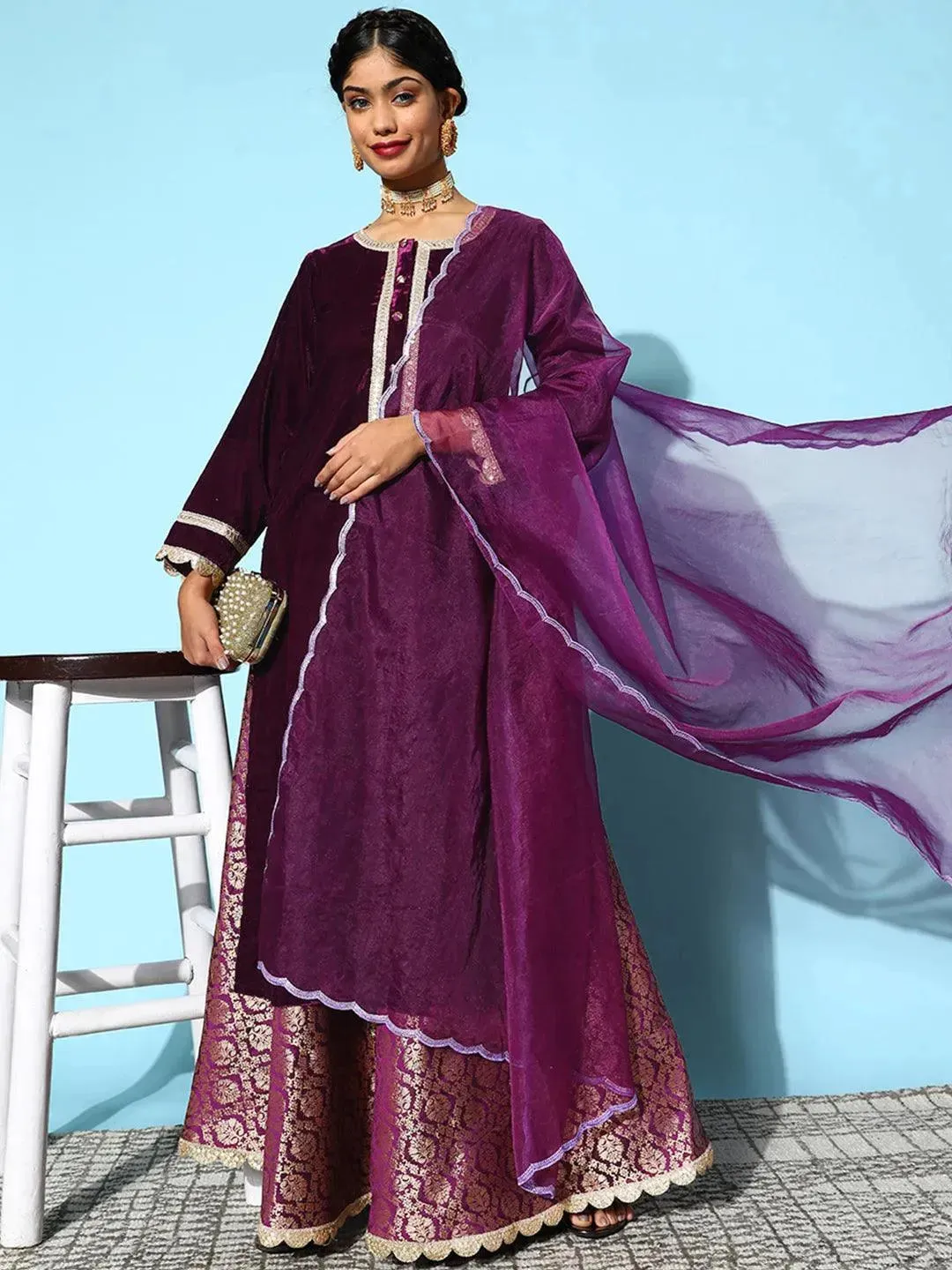 Purple Yoke Design Velvet Straight Kurta With Skirt & Dupatta