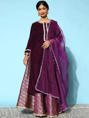 Purple Yoke Design Velvet Straight Kurta With Skirt & Dupatta