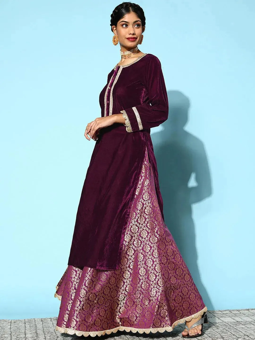 Purple Yoke Design Velvet Straight Kurta With Skirt & Dupatta