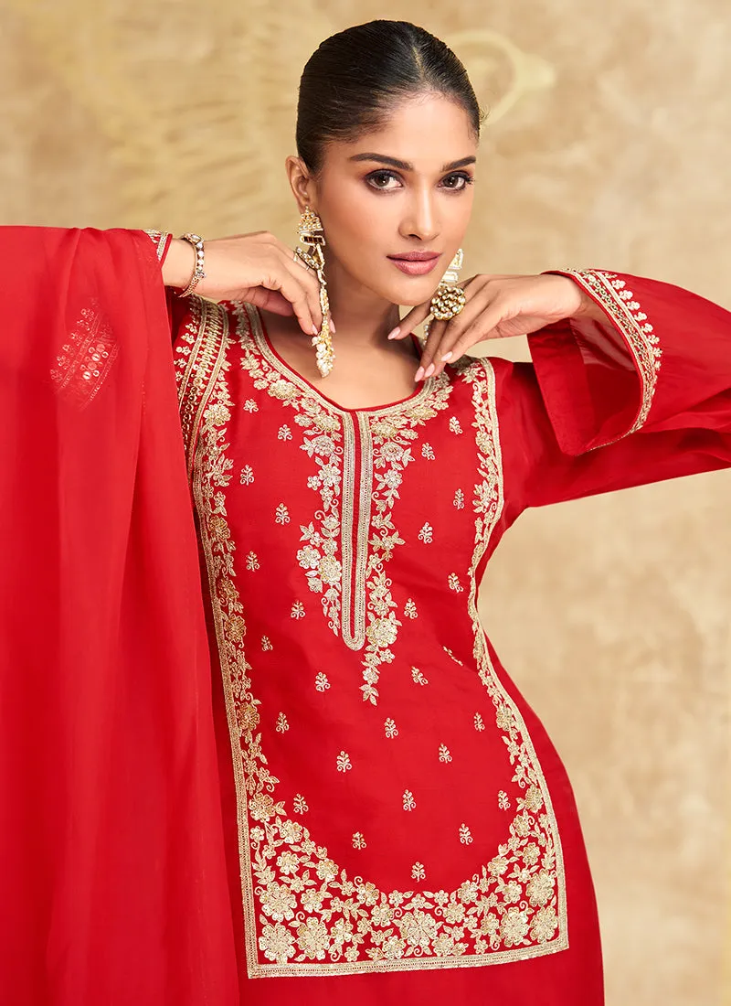 Red And Off White Embroidered Gharara Style Suit