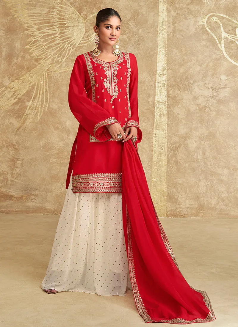 Red And Off White Embroidered Gharara Style Suit