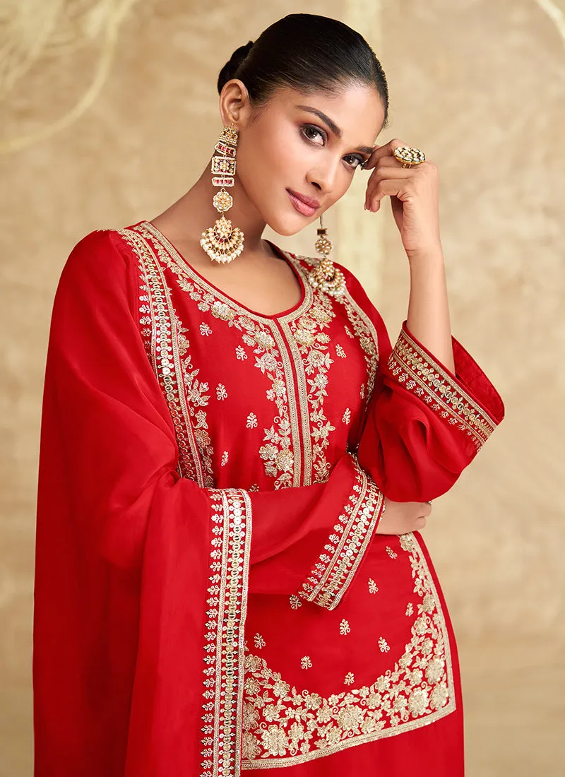 Red And Off White Embroidered Gharara Style Suit