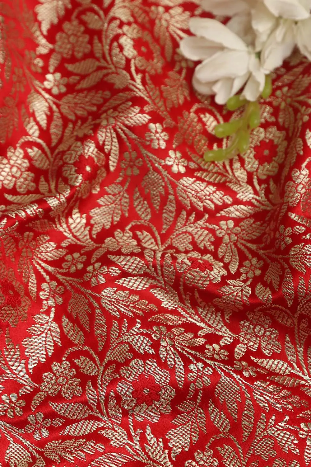 Red Banarasi Silk Satin Zari Brocade Fabric ( 1 Mtr )