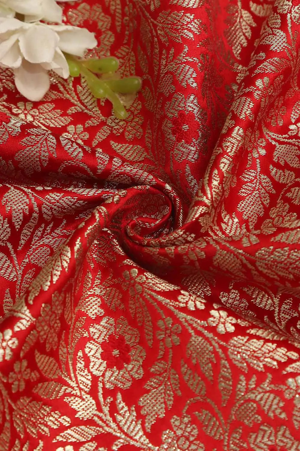 Red Banarasi Silk Satin Zari Brocade Fabric ( 1 Mtr )