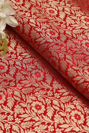 Red Banarasi Silk Satin Zari Brocade Fabric ( 1 Mtr )