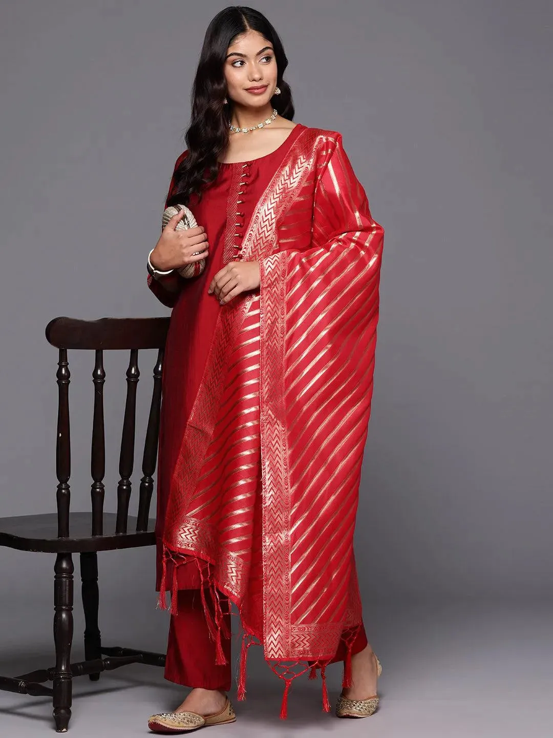 Red Solid Silk Blend Straight Suit With Dupatta