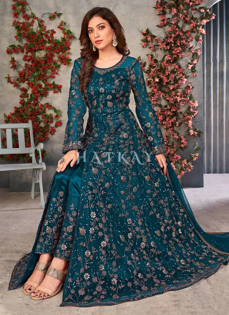 Royal Blue Zari Embroidered Slit Style Anarkali Pant Suit