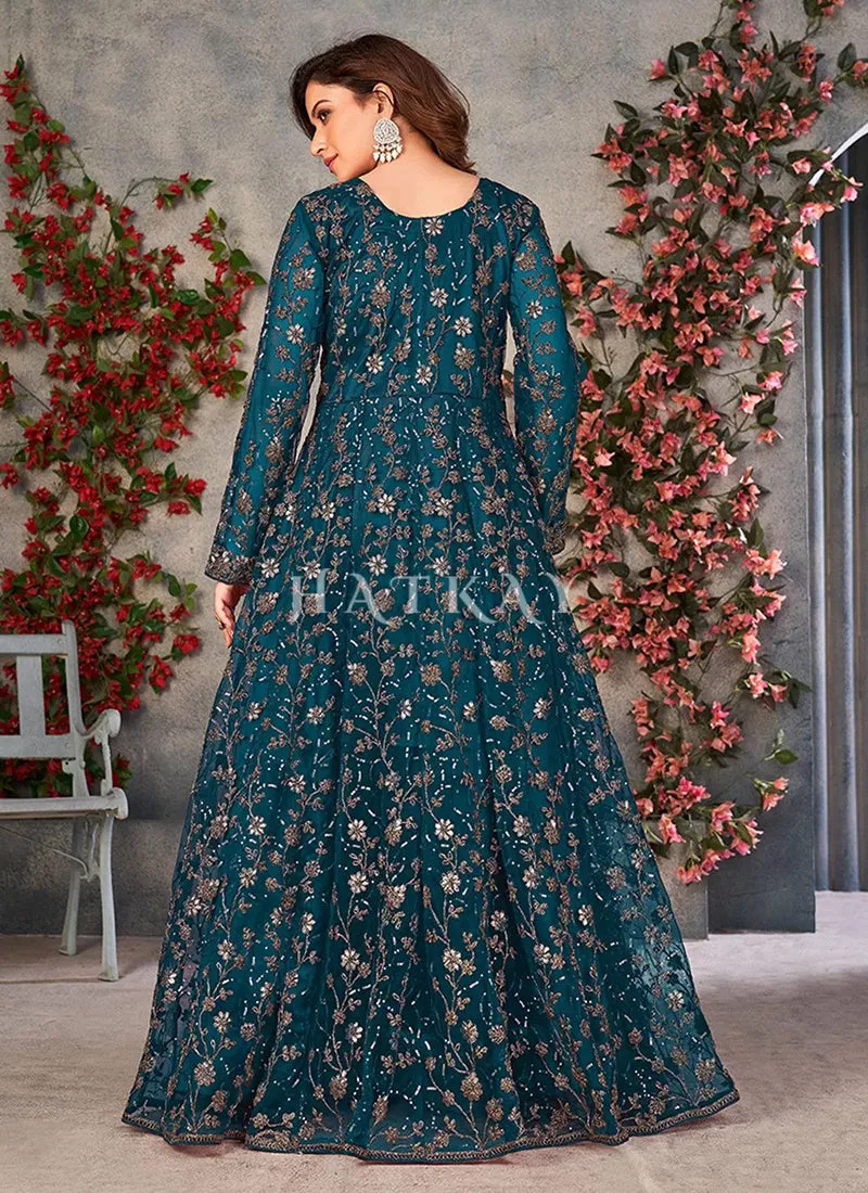 Royal Blue Zari Embroidered Slit Style Anarkali Pant Suit