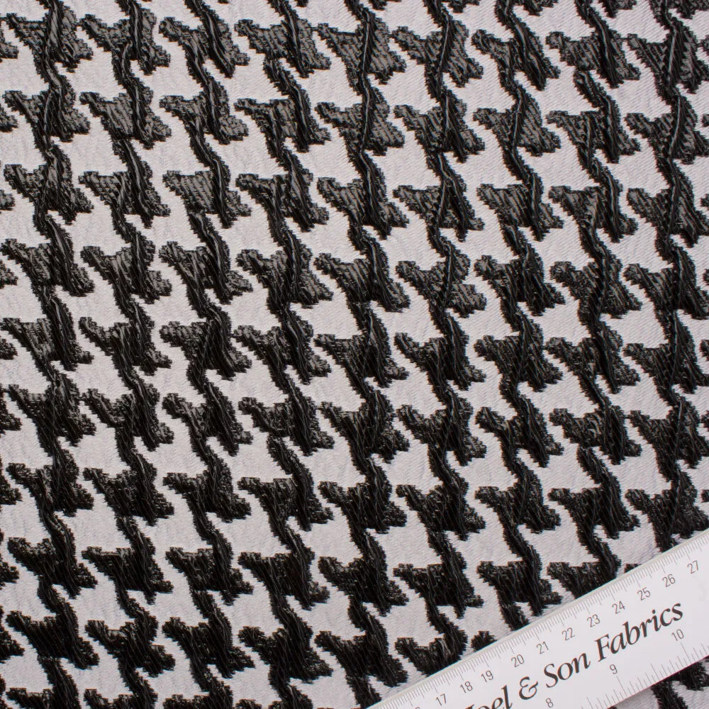 Silver Grey & Black Houndstooth Brocade