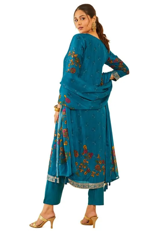 Soch Womens Blue Floral Print Brocade Suit Set with Dupatta