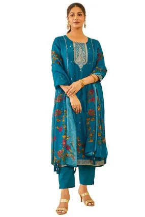 Soch Womens Blue Floral Print Brocade Suit Set with Dupatta