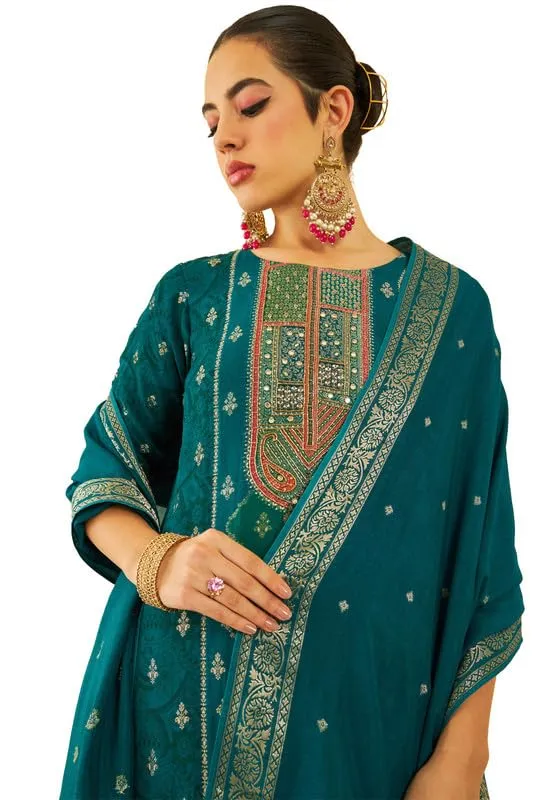 Soch Womens Green Brocade Kantha Print Suit Set With Cutdana Work