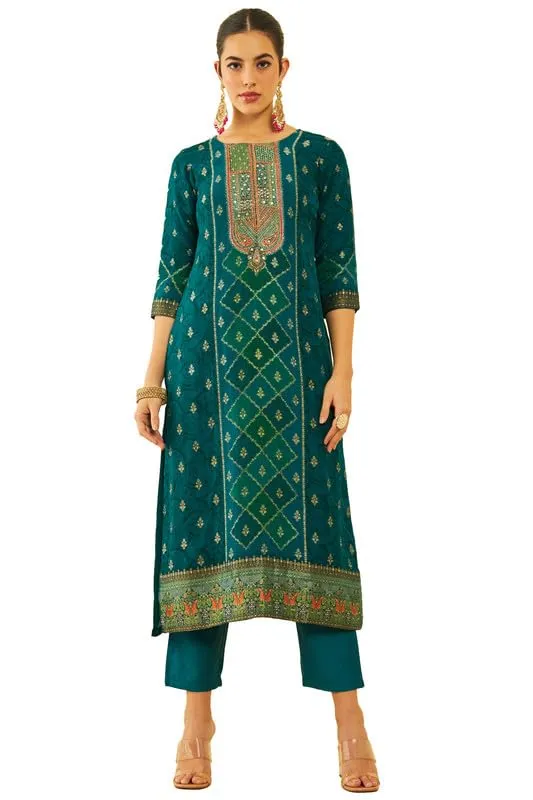 Soch Womens Green Brocade Kantha Print Suit Set With Cutdana Work