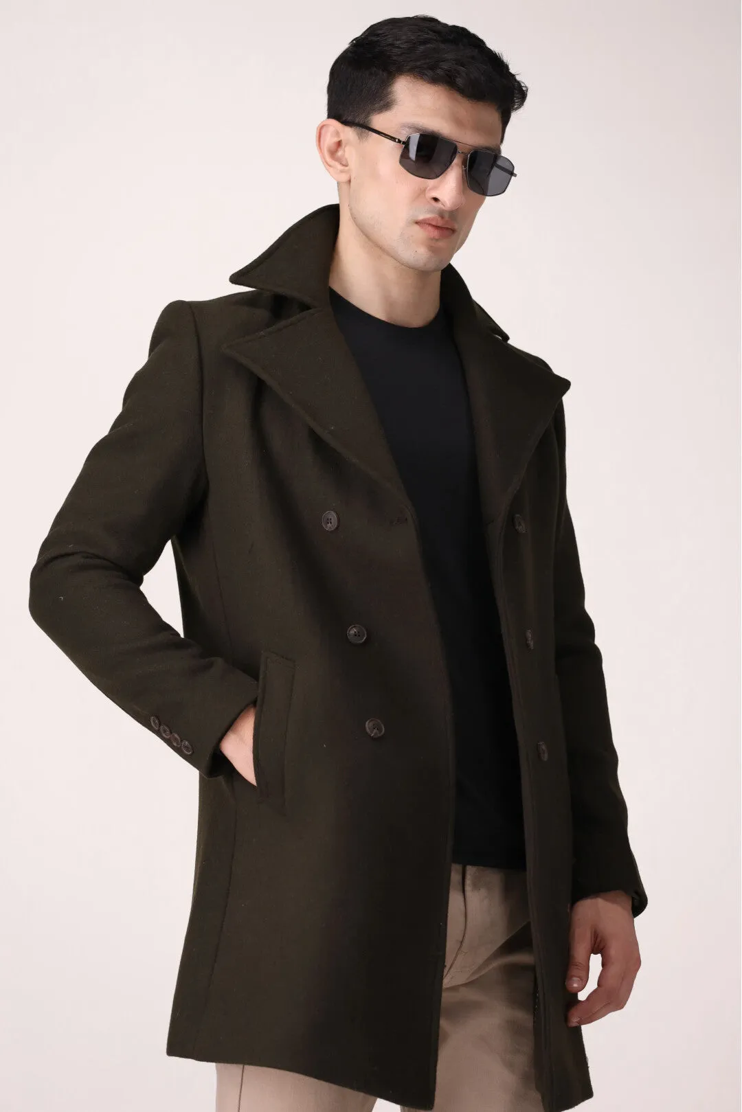 SOLID TRENCH COLLAR LONG COAT SLIM FIT