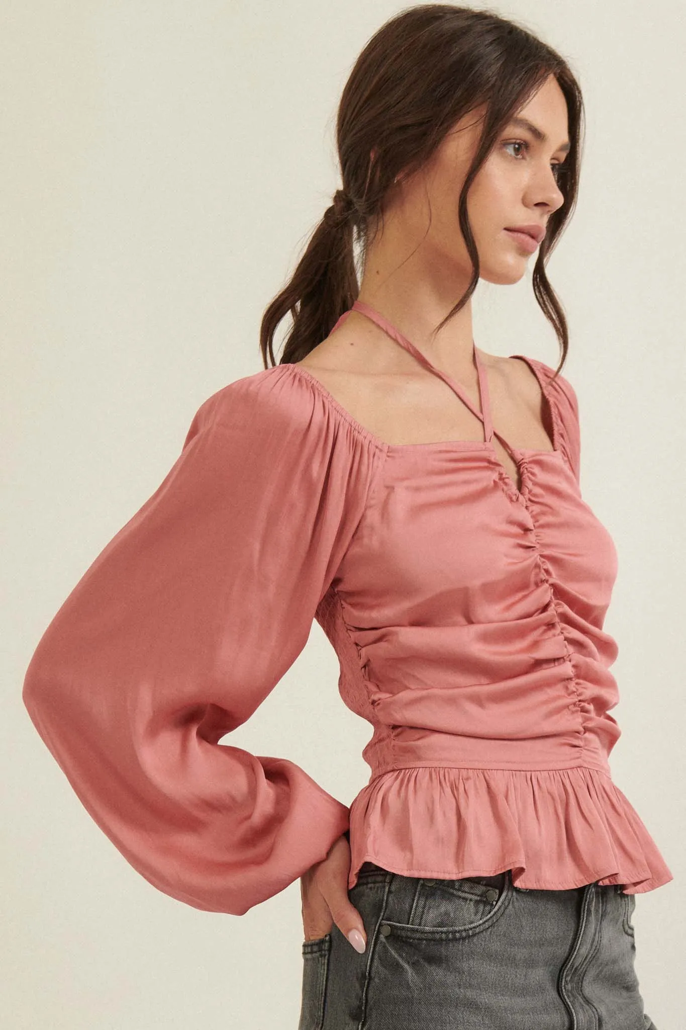 Tiny Dancer Matte Satin Ruched Peasant Top