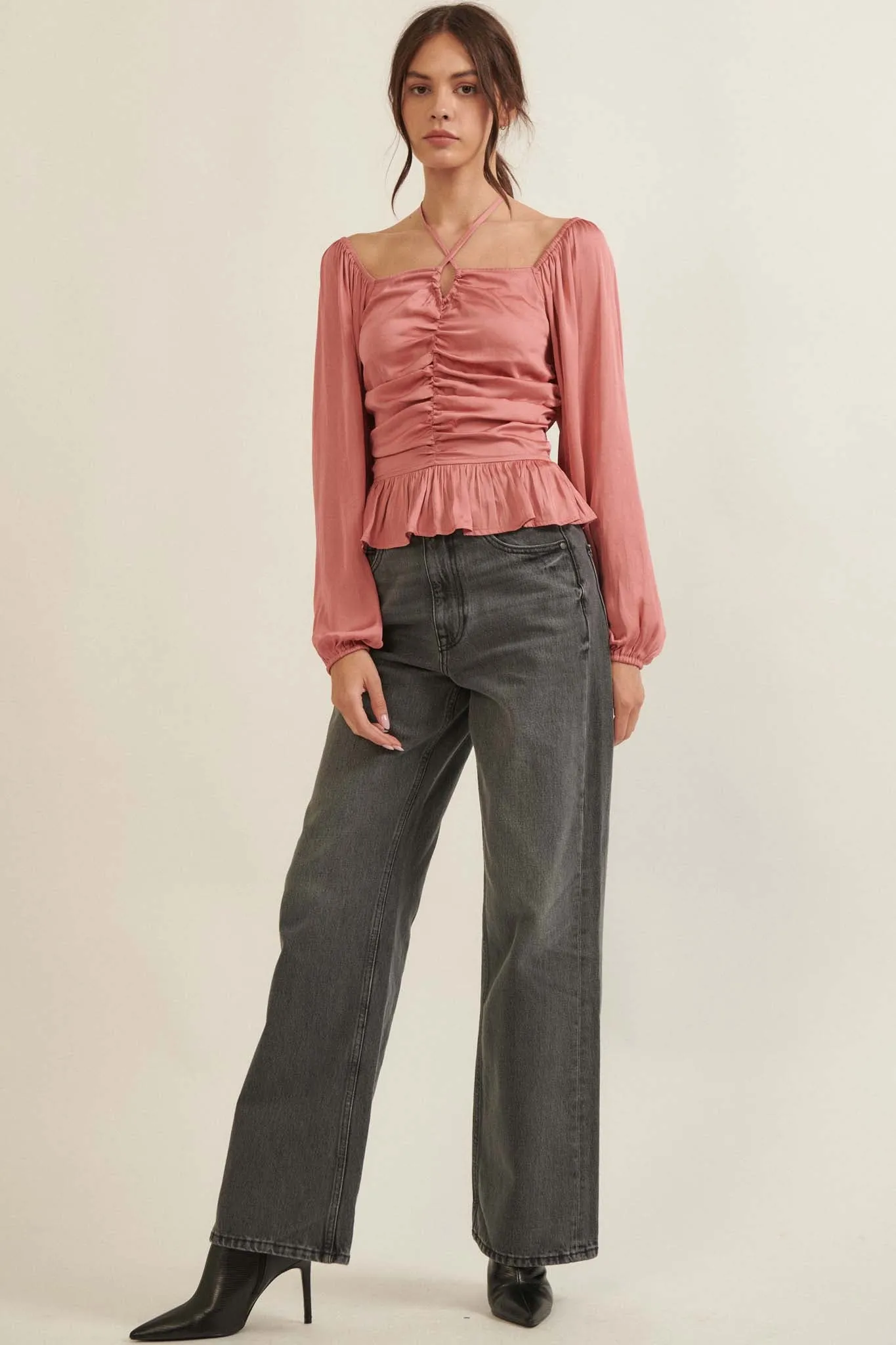 Tiny Dancer Matte Satin Ruched Peasant Top