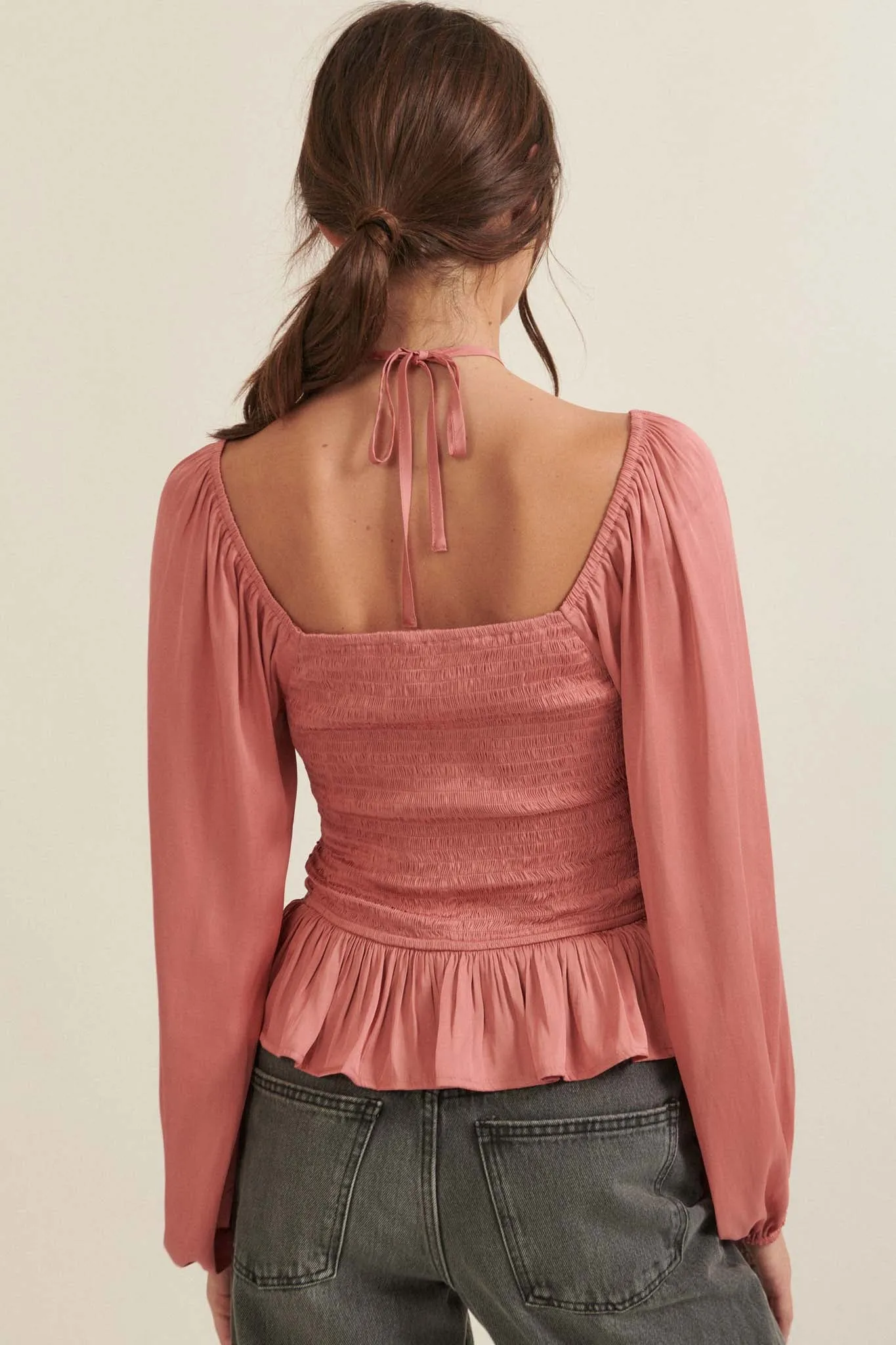 Tiny Dancer Matte Satin Ruched Peasant Top