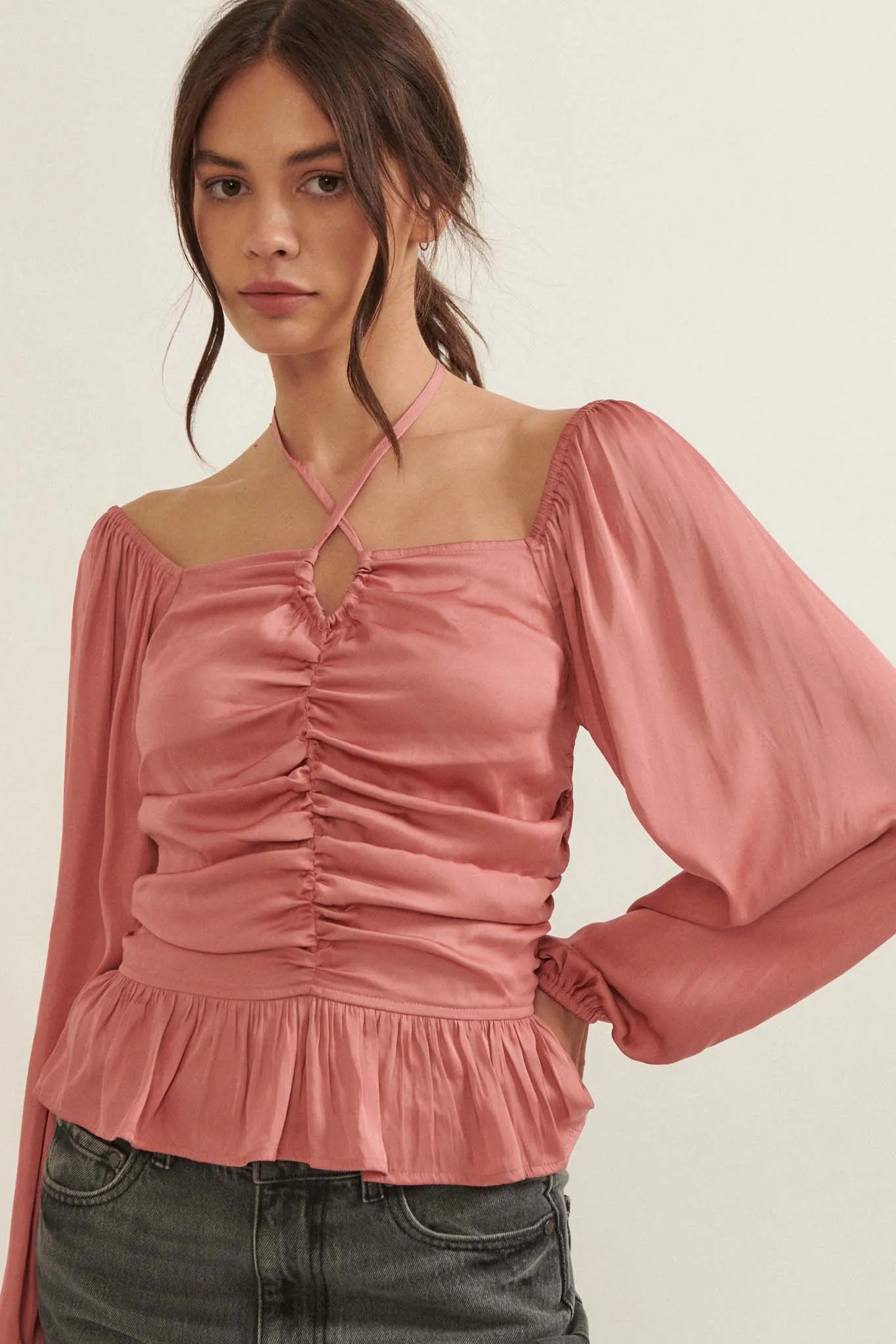 Tiny Dancer Matte Satin Ruched Peasant Top