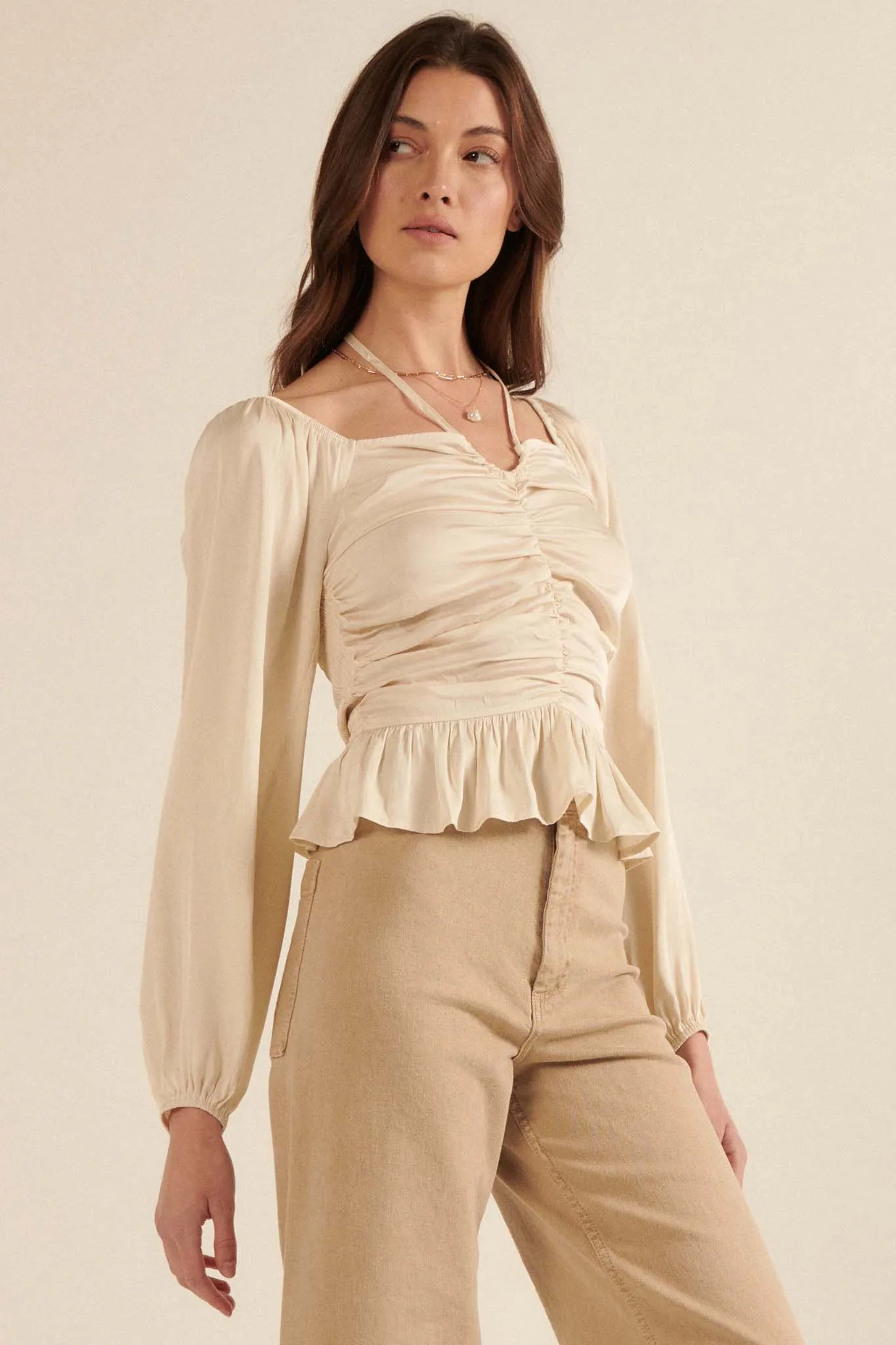 Tiny Dancer Matte Satin Ruched Peasant Top