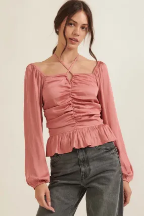 Tiny Dancer Matte Satin Ruched Peasant Top