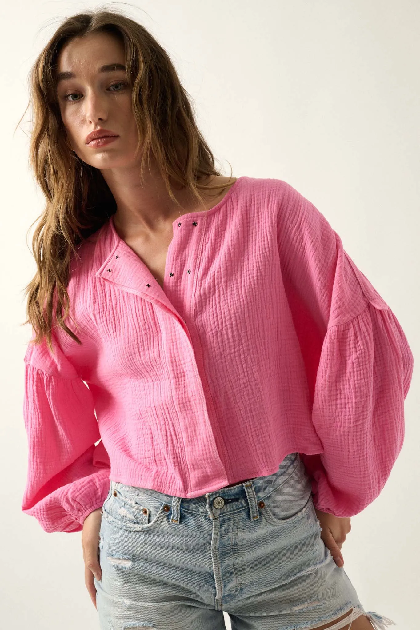 Turn the Tide Crinkle Cotton Bubble-Sleeve Shirt