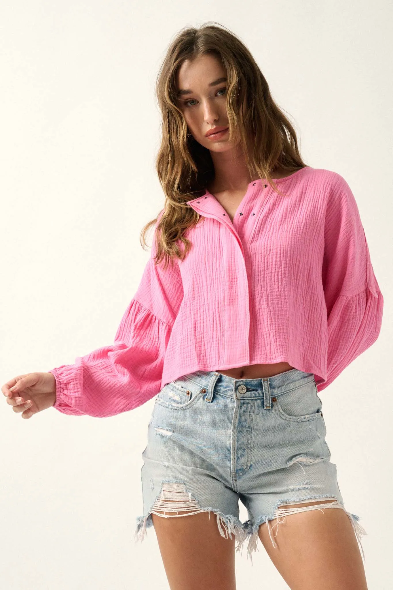 Turn the Tide Crinkle Cotton Bubble-Sleeve Shirt