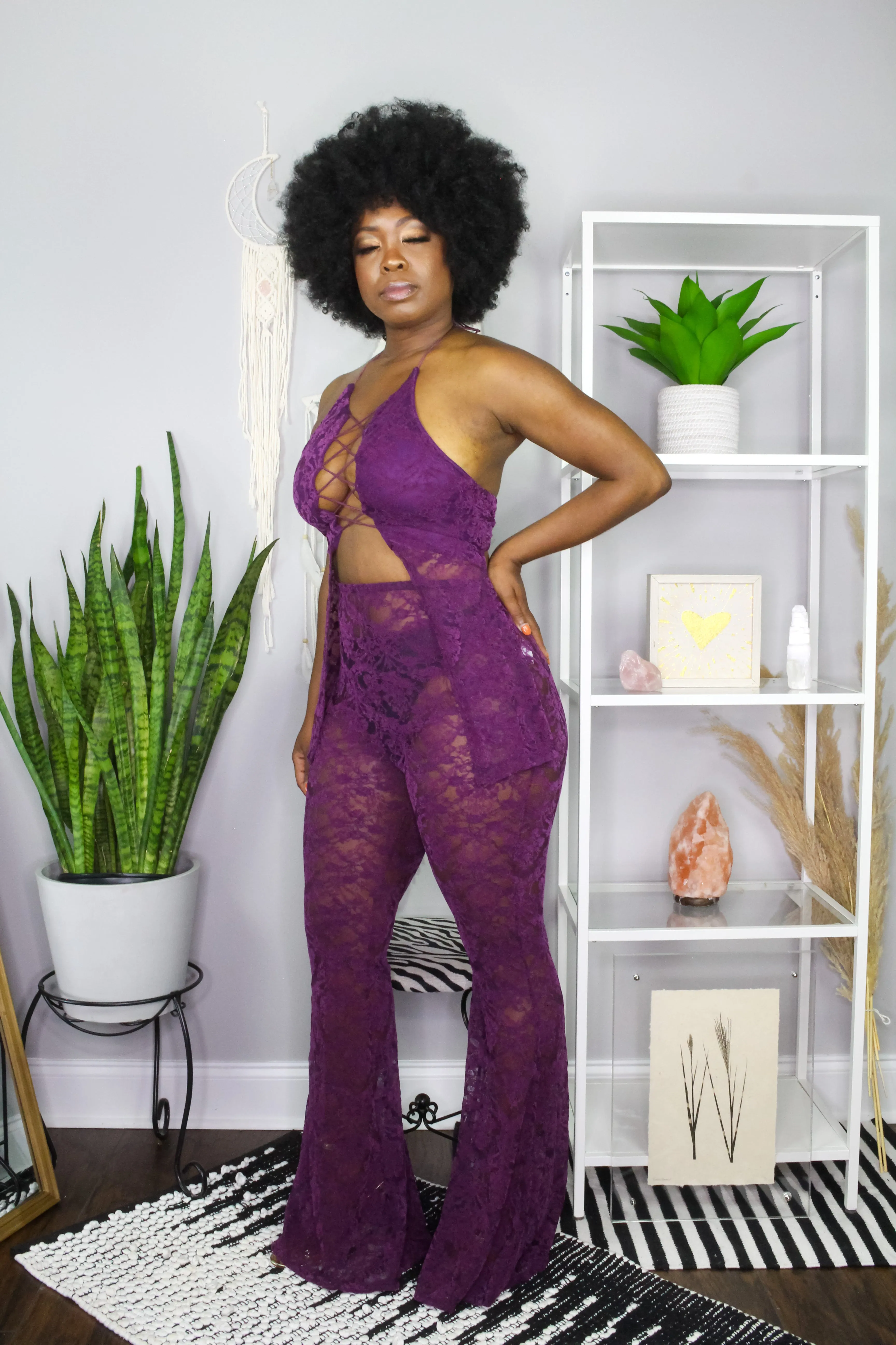 Two Piece Lace Bell Bottom Pants Set in Eggplant