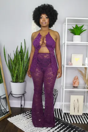 Two Piece Lace Bell Bottom Pants Set in Eggplant