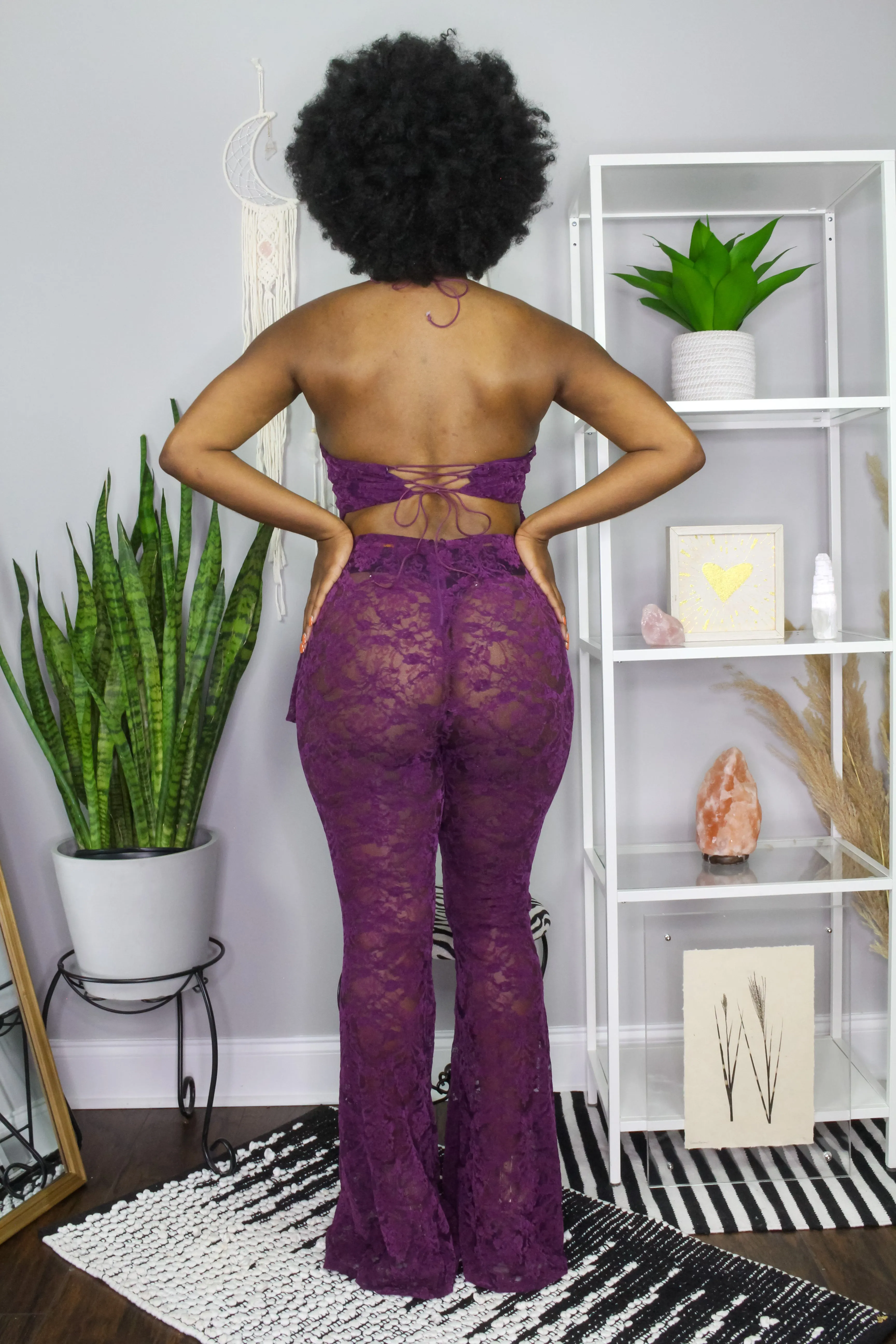 Two Piece Lace Bell Bottom Pants Set in Eggplant