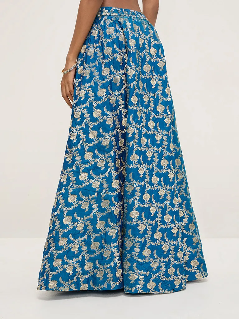 Vark Blue Brocade High-Rise Skirt