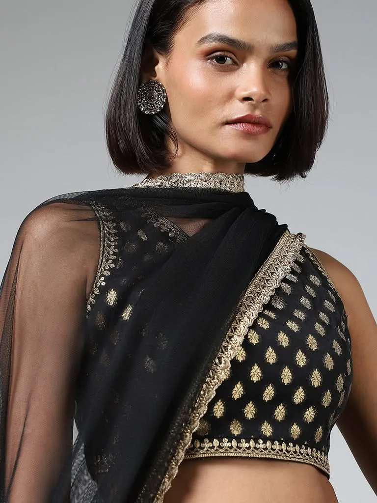 Vark Brocade Printed Black Choli with Skirt & Dupatta