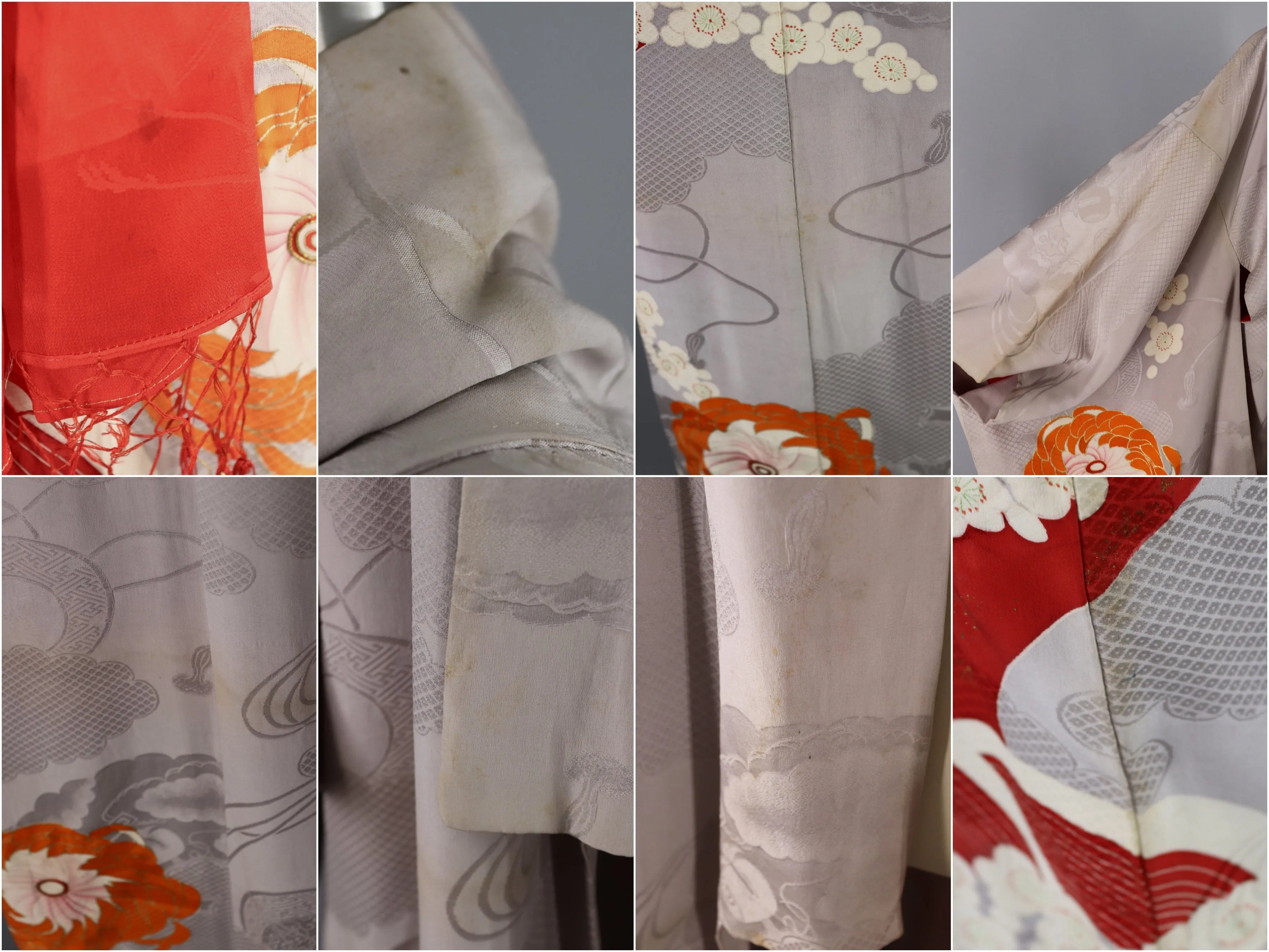 Vintage 1920s - 1930s Silk Kimono Robe / Grey, Red, and Orange Floral