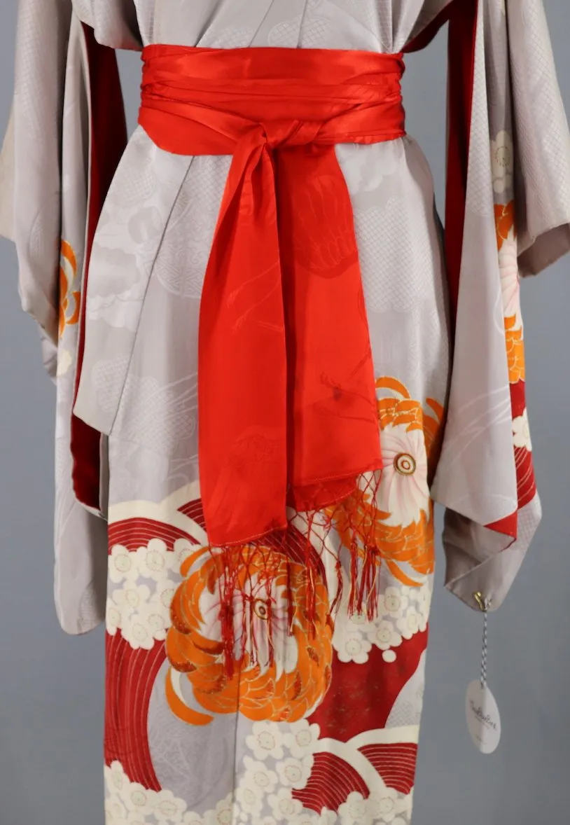 Vintage 1920s - 1930s Silk Kimono Robe / Grey, Red, and Orange Floral