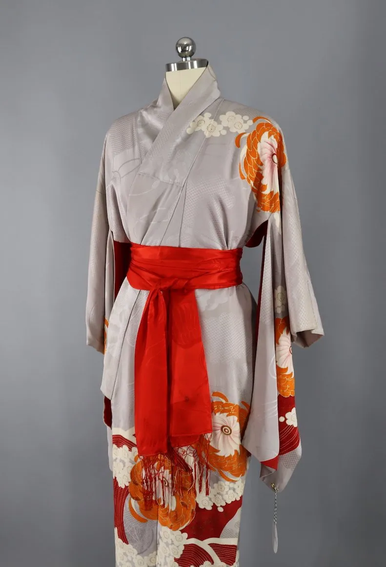 Vintage 1920s - 1930s Silk Kimono Robe / Grey, Red, and Orange Floral