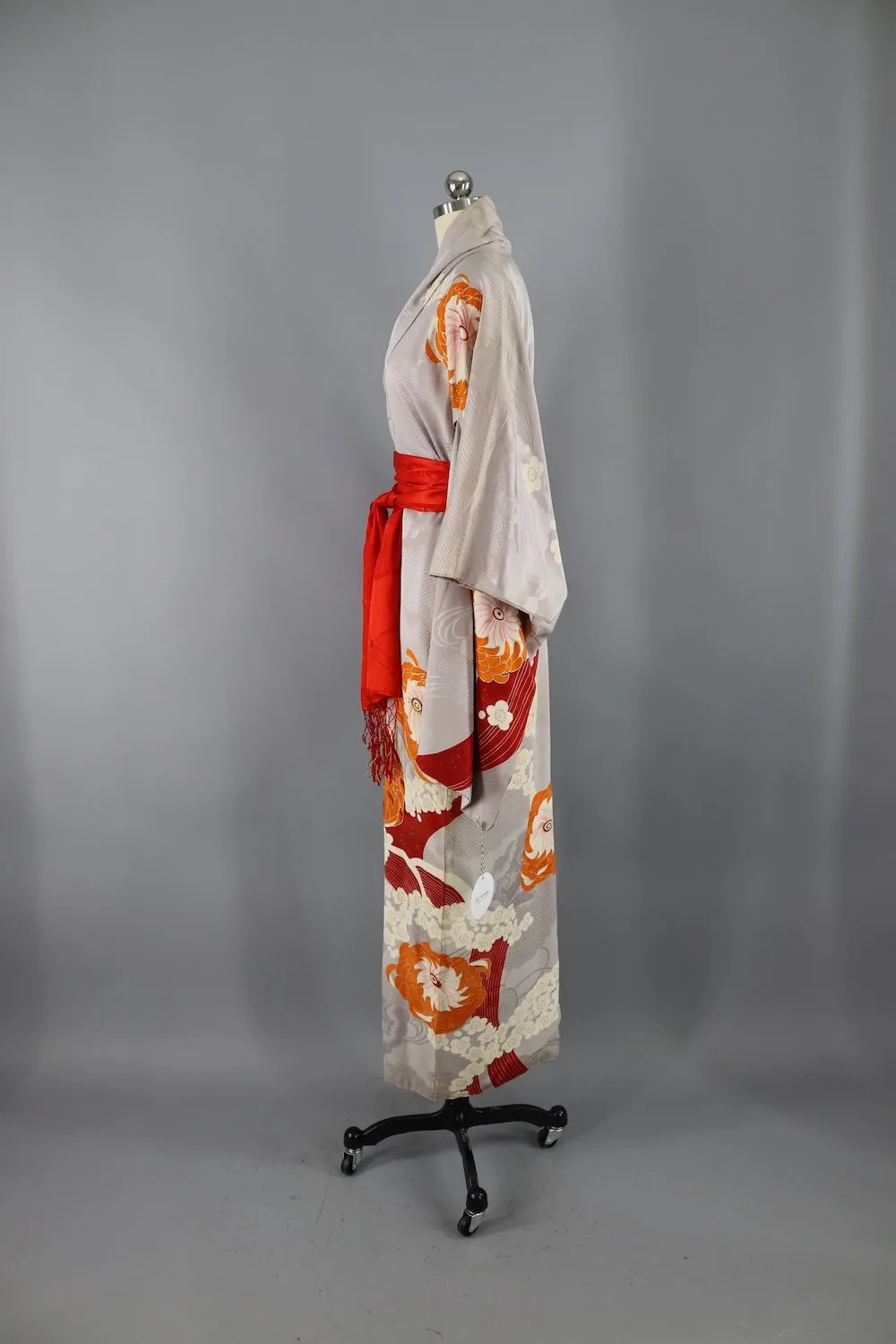 Vintage 1920s - 1930s Silk Kimono Robe / Grey, Red, and Orange Floral