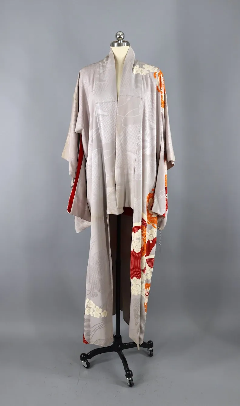 Vintage 1920s - 1930s Silk Kimono Robe / Grey, Red, and Orange Floral