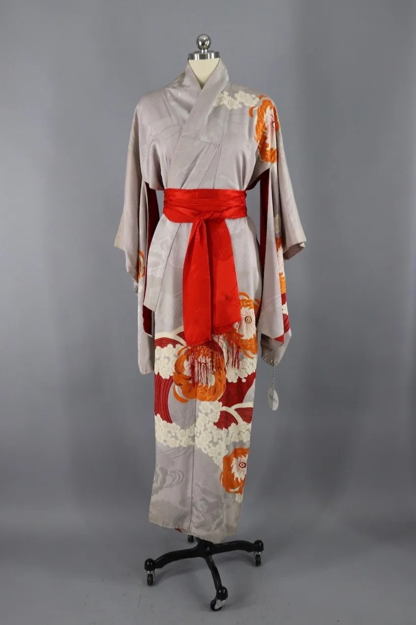 Vintage 1920s - 1930s Silk Kimono Robe / Grey, Red, and Orange Floral