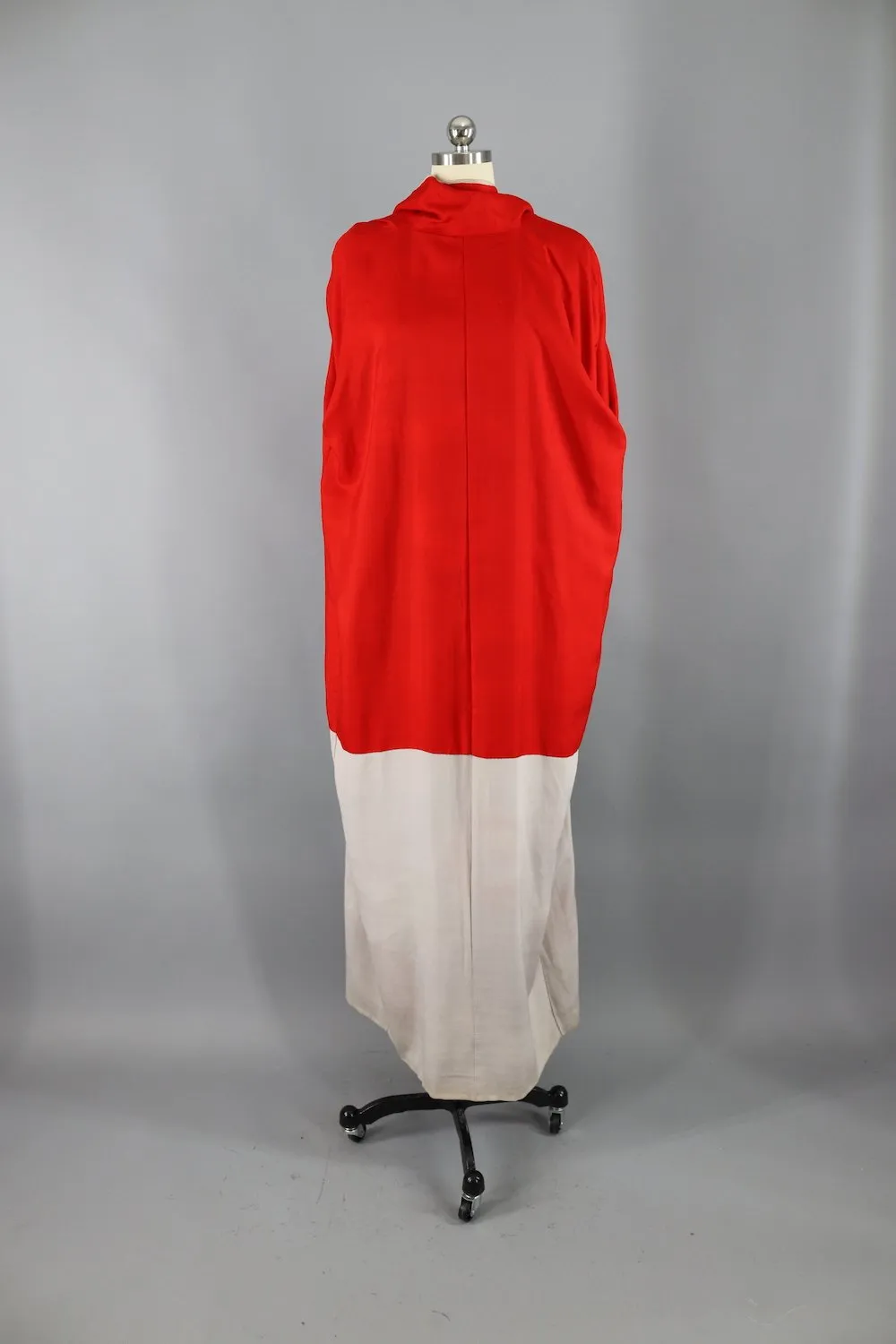 Vintage 1920s - 1930s Silk Kimono Robe / Grey, Red, and Orange Floral