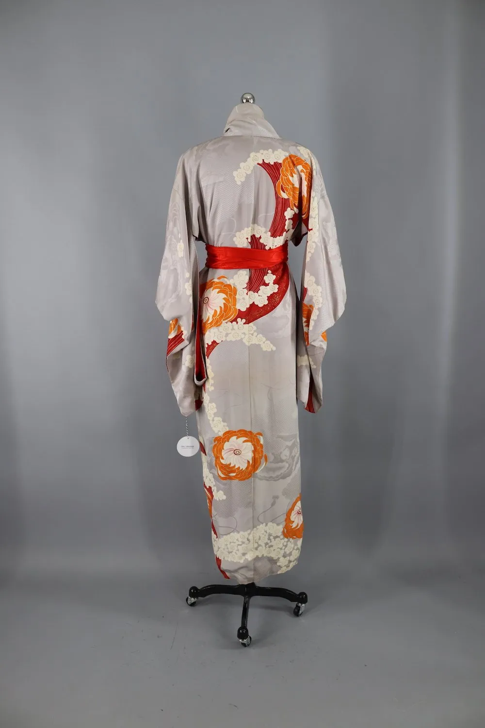 Vintage 1920s - 1930s Silk Kimono Robe / Grey, Red, and Orange Floral