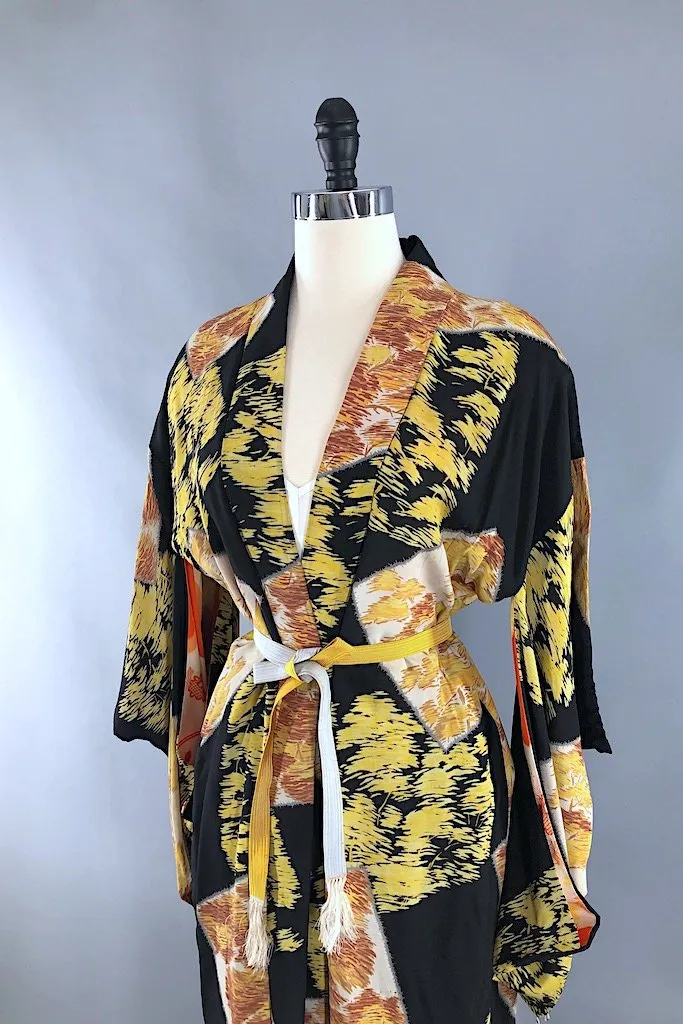 Vintage Black & Yellow Trees Kimono Cardigan