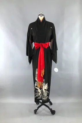 Vintage Black Cranes Silk Kimono Robe