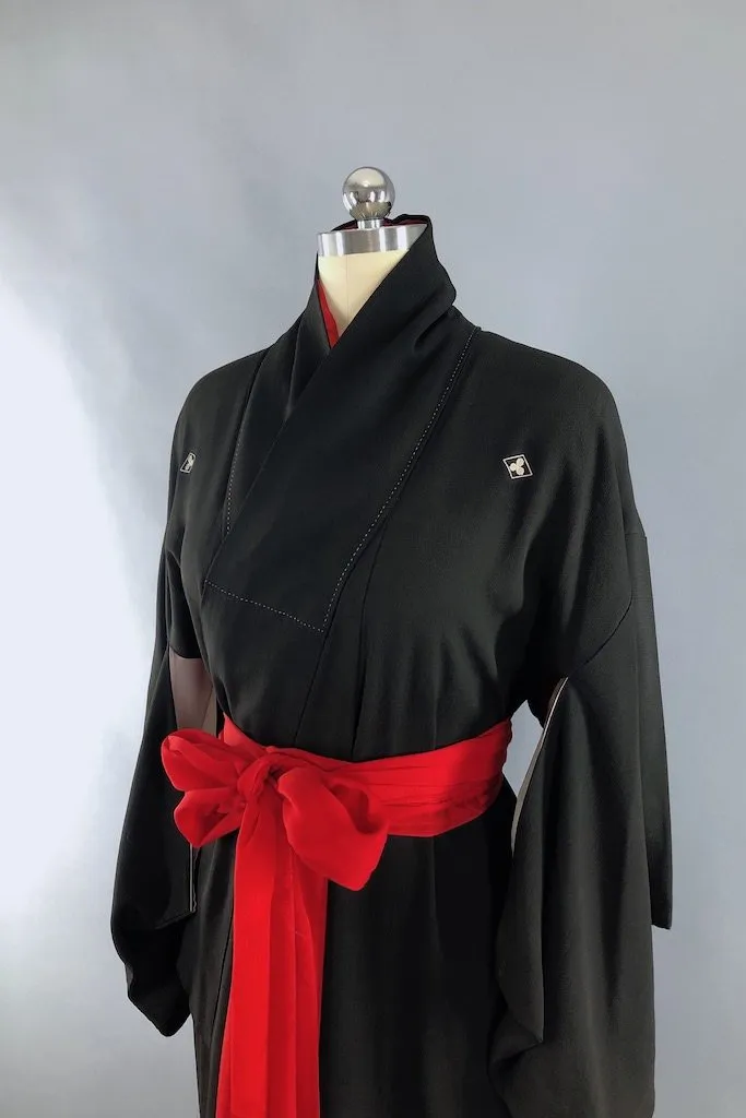 Vintage Black Cranes Silk Kimono Robe