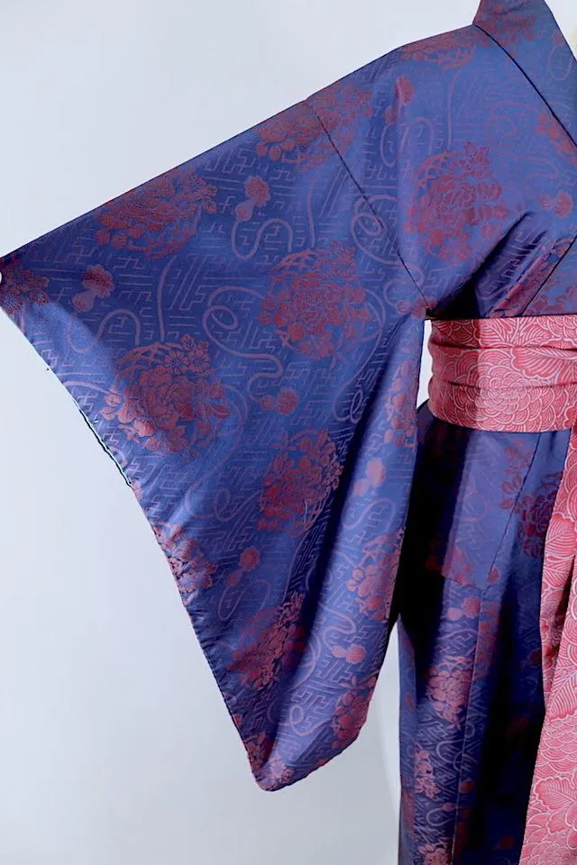 Vintage Blue Maroon Floral Silk Kimono Robe