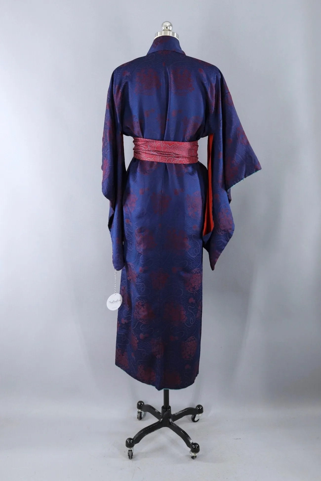 Vintage Blue Maroon Floral Silk Kimono Robe